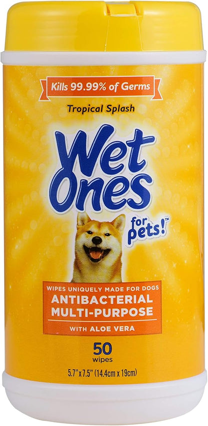 Wet Ones for Pets Antibacterial Dog Wipes, Multi-Purpose Grooming Wipes with Aloe Vera for Paws, Face & Body, Easy Cleanups Between Baths, Tropical Splash Scent, 5.7 in x 7.5 in, 50 Count