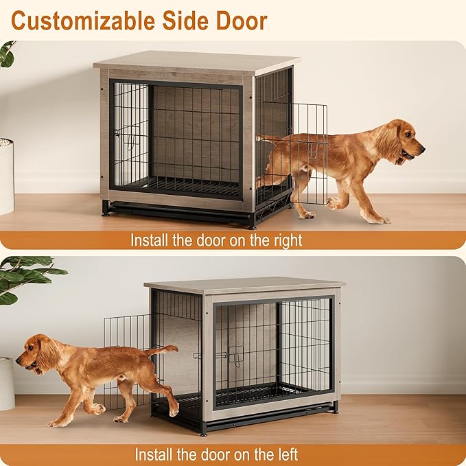 Vongrasig Dog Crate Furniture, Side End Table, Modern Wooden Kennel for Dogs Indoor, Heavy-Duty Dog Cage with Multi-Purpose Removable Tray, Double-Door Dog House, Grey