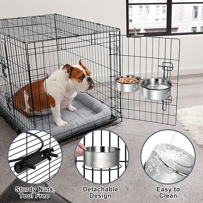 Dog Kennel Bowls for Crates, ShineMe 54oz & 34oz Dog Food Bowl and Crate Water Bowl No Spill, Stainless Steel Dogs Bowls Mountable 2 Pack, Silver (7.1x2.9” & 6.2x2.6”)