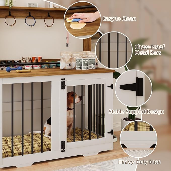 31'' Wooden Dog Crate Furniture with Storage Shelf & 4 Hooks - Heavy Duty Dog Kennel for Small/Medium Dogs, Indoor Pet Cabinet, Side Table, White
