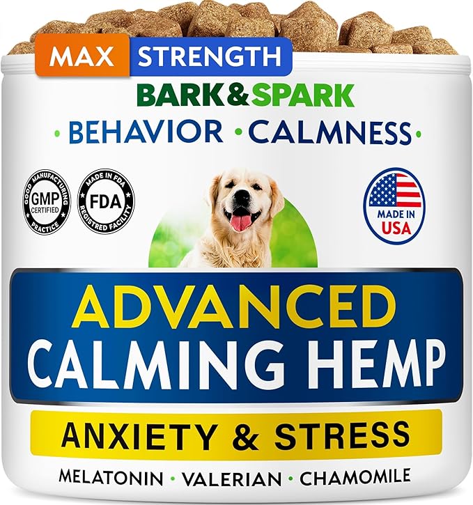 BARK&SPARK Advanced Calming Chews for Dogs - Hemp Chew + Melatonin - Anxiety Relief - Sleep Aid - Relaxing Treats - Stress Relief During Fireworks, Storms, Thunder, Barking