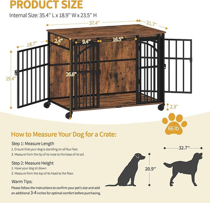 Hzuaneri 37.4" Dog Crate Furniture with Wheels, Wooden Pet Cage Indoor with Barn Door, L Dog Kennel Heavy Duty, Decorative Pet Crate for Small/Medium Dogs, End Table TV Stand, Rustic Brown DFC86201B