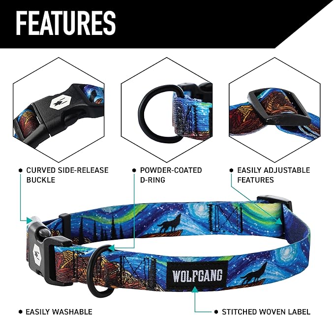 Wolfgang Heavy Duty Martingale Dog Collar with Quick Release Nylon Buckle for Walking & Training, StarryWolf Print, Small