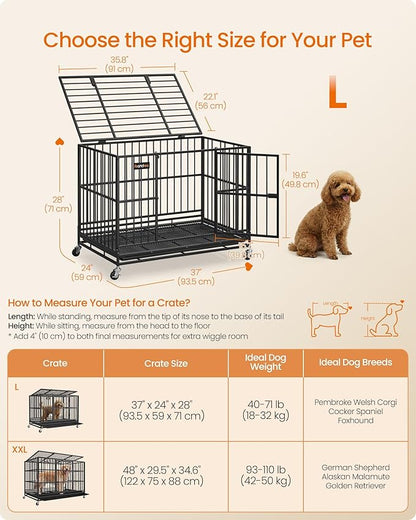 Feandrea Heavy-Duty Dog Crate, 5-Minute Quick Assembly, Foldable Dog Kennel Cage with Lockable Wheels, Double Doors, Escape Proof Fixed Bottom, Removable Tray, Easy to Clean, Ink Black, 37 Inch