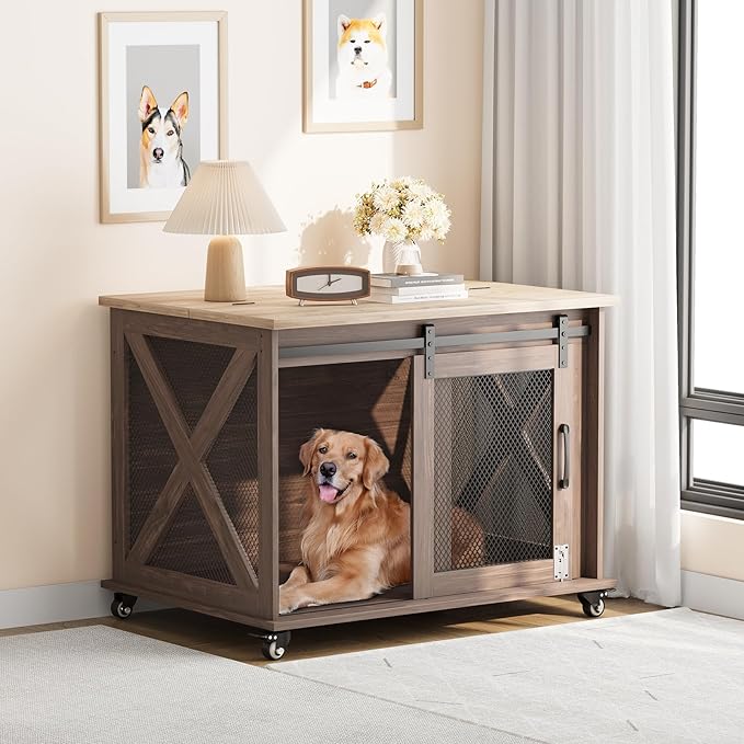 TROPOW Dog Crate Furniture,37 Inch Dog Kennel Furniture, Sliding Barn Door, Flip Top Dog Crate End Table with Removable Divider, Farmhouse Dog Cage for Small to Middle Size Dogs
