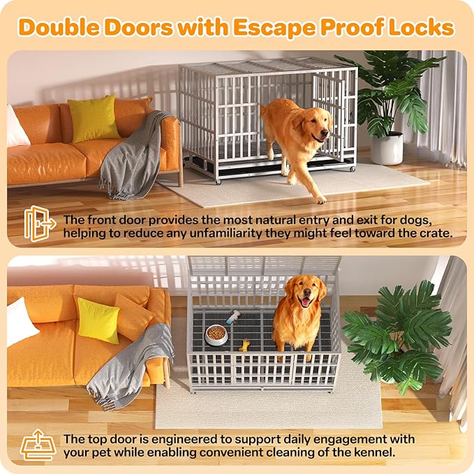 Hiwokk 48 Inch Heavy Duty Dog Crate, Indestructible Escape-Proof Dog Kennel for High Anxiety Large Dogs, Strong Metal Pet Cage with Double Doors, Lockable Wheels & Removable Tray, XL XXL XXXL
