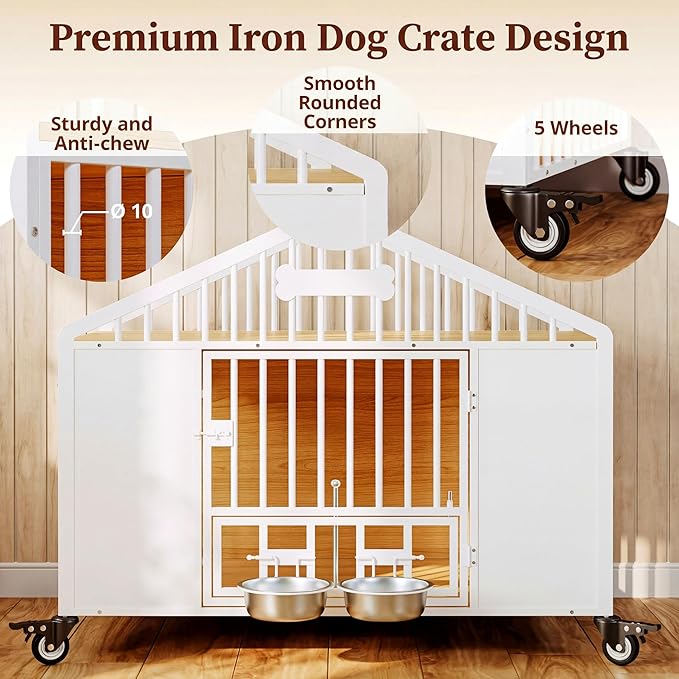IRONCK 41.3" Dog Crate Furniture with 2 DIY Frame, Heavy Duty Pet Crates with 2 Rotatable Dog Bowls & Name Tag, Decorative Roof Shape Dog Kennel Indoor with 5 Wheels for Medium Dogs, White