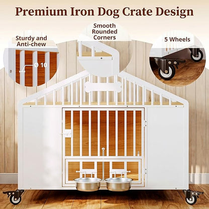 IRONCK 41.3" Dog Crate Furniture with 2 DIY Frame, Heavy Duty Pet Crates with 2 Rotatable Dog Bowls & Name Tag, Decorative Roof Shape Dog Kennel Indoor with 5 Wheels for Medium Dogs, White
