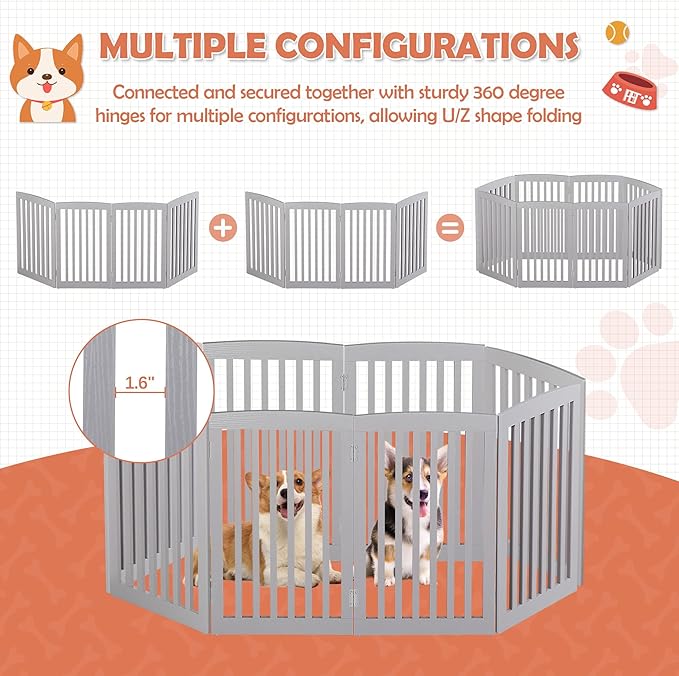 Dog Gate Pet Gate for House, Stairs, Hallways, Doorways 82x24 Inch 4 Panels Foldable Dog Fence for Indoor Extra Wide Wooden Grey