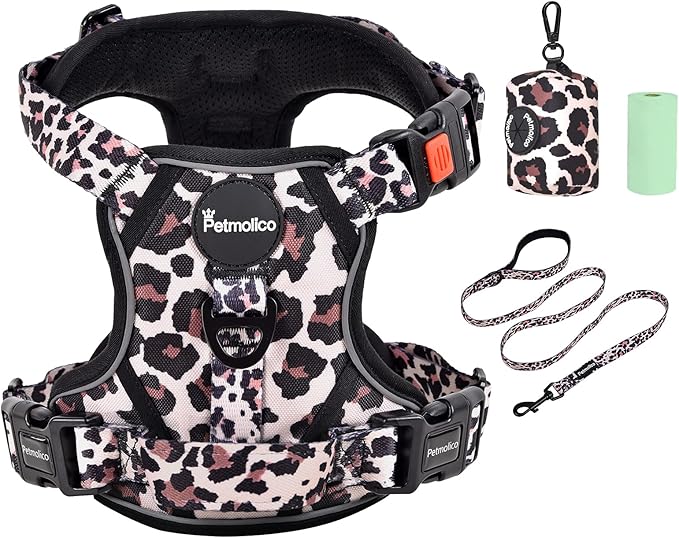 Petmolico No Pull Dog Harness Set with Leash Attachment Easy Control Handle Reflective Harness Vest Small Breed, Puppy Vest and Leash Set with Poop Bag Holder, Medium - Leopard