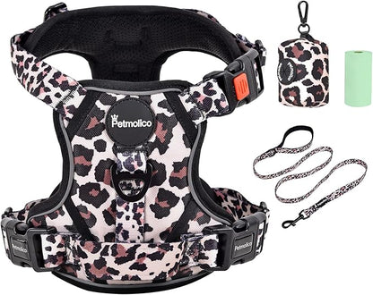 Petmolico No Pull Dog Harness Set with Leash Attachment Easy Control Handle Reflective Harness Vest Small Breed, Puppy Vest and Leash Set with Poop Bag Holder, Medium - Leopard