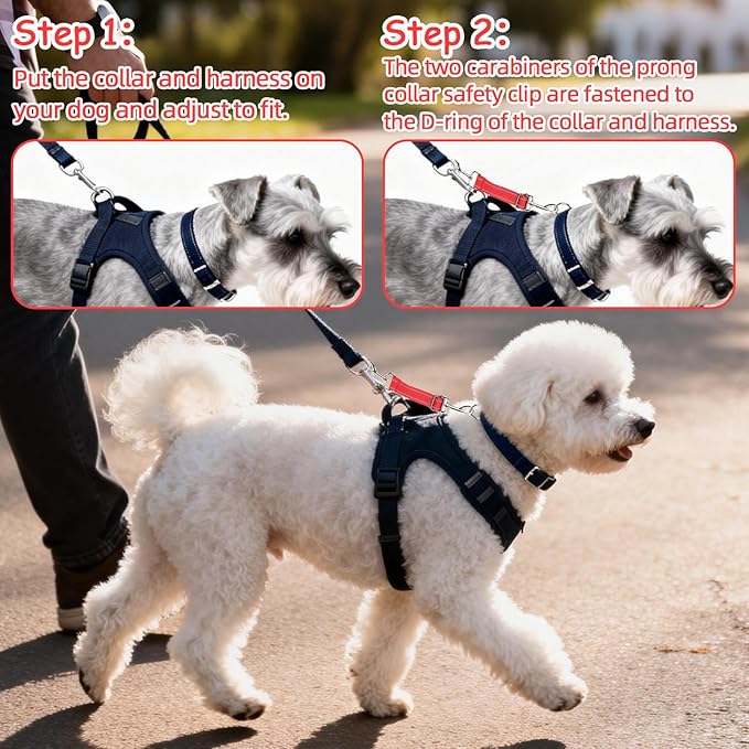 YUEPET Dog Safety Collar Clips 2 Pack Adjustable Prong Collar Backup Clips Reflective Double Ended Backup Clasp Leash Connector for Dog Harness to Collar Safety Clip(Red+Blue)