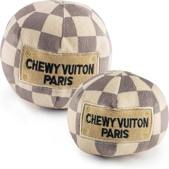 Haute Diggity Dog Chewy Vuiton Ball Plush Squeaky Dog Toy, Soft Durable Designer-Inspired Stuffed Puppy Chew Toys for Small & Medium Dogs, Machine-Washable (Tan Checker) Small