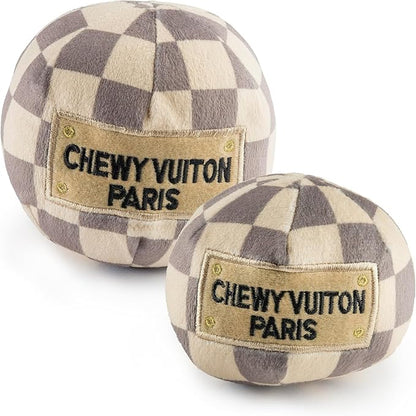 Haute Diggity Dog Chewy Vuiton Ball Plush Squeaky Dog Toy, Soft Durable Designer-Inspired Stuffed Puppy Chew Toys for Small & Medium Dogs, Machine-Washable (Tan Checker) Large