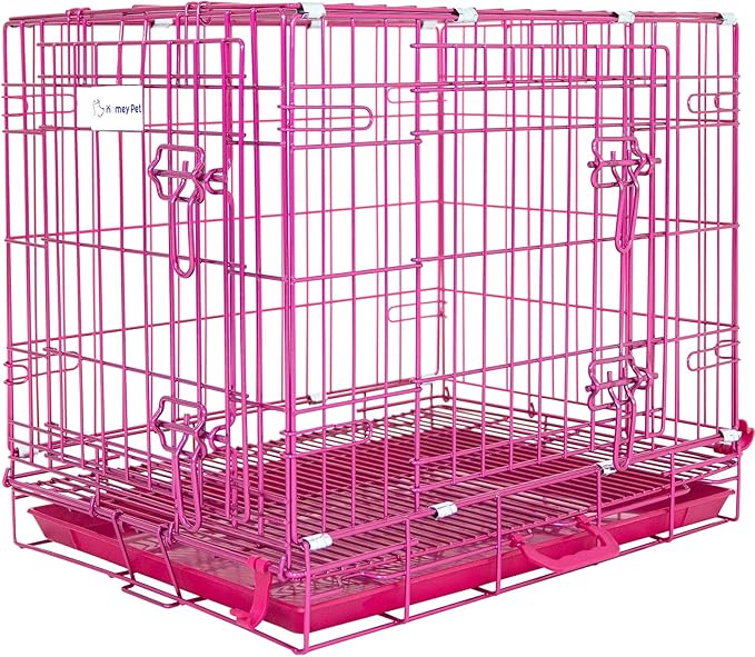 HOMEY PET 24 Inch Small Dog Crate, Cute Pink Puppy Cage Collapsible Dog Kennel Indoor, Nano-Coated Metal Wire Dog Crate with Removable Floor Grid Tray, Double Doors Dual Locks, Portable Handle