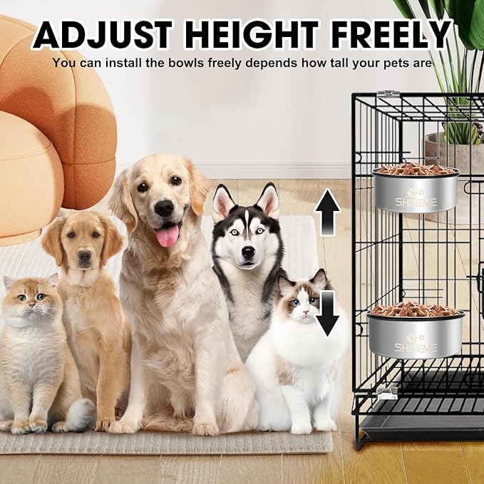 Dog Kennel Bowls for Crates, ShineMe 54oz & 34oz Dog Food Bowl and Crate Water Bowl No Spill, Stainless Steel Dogs Bowls Mountable 2 Pack, Silver (7.1x2.9” & 6.2x2.6”)
