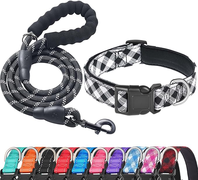 Ladoogo Reflective Dog Collar Padded with Soft Neoprene Breathable Adjustable Nylon Dog Collars for Small Medium Large Dogs (X-Small (Pack of 1), Black Plaid Collar+Leash)