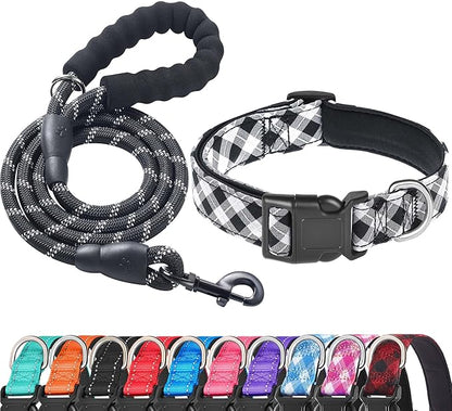 Ladoogo Reflective Dog Collar Padded with Soft Neoprene Breathable Adjustable Nylon Dog Collars for Small Medium Large Dogs (Medium (Pack of 1), Black Plaid Collar+Leash)