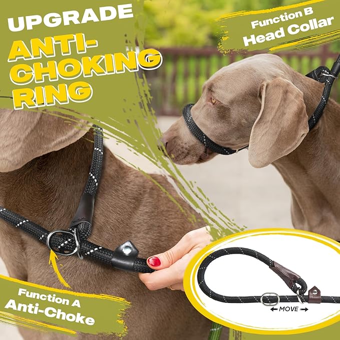 Fida Slip Leads for Dogs, 4 FT x 1/2" Dog Leash Heavy Duty Comfortable Strong Rope Lead for Large, Medium Dogs, No Pull Pet Training Leash with Highly Reflective, Black