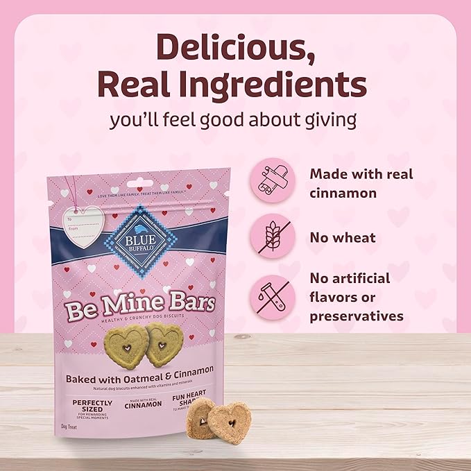 Blue Buffalo Be Mine Bars Heart-Shaped Healthy & Crunchy Dog Biscuits, Natural Valentine’s Dog Treats, Baked with Oatmeal & Cinnamon, 11-oz Bag (Pack of 4)