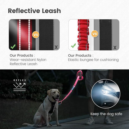IOKHEIRA Multifunctional Dog Leash for Medium & Large Dogs - Red Adjustable With Car Seatbelt, 4-6 FT Strong Bungee