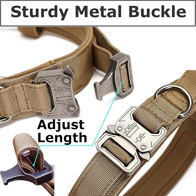 Dog Tactical Collar Military Dog Training Collar Control Handle and Heavy Metal Buckle for Medimum Large Dog Training Behavior Aids Brown XL