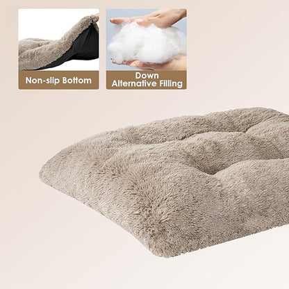EHEYCIGA Fluffy Dog Crate Bed for Extra Large Dogs, Plush Faux Fur Crate Pad, Calming Anti Anxiety XL Dog Bed, Washable Soft Warm Crate Mat with Non-Slip Bottom, Taupe