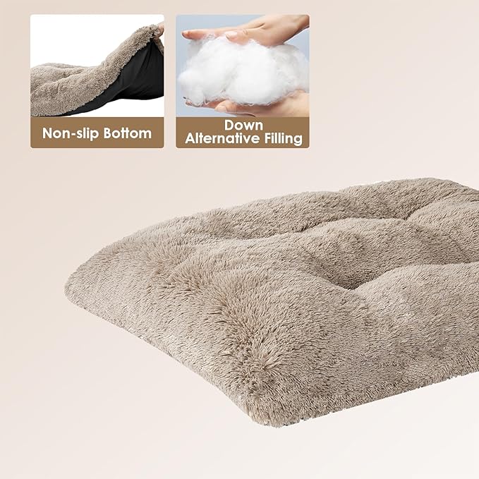 EHEYCIGA Fluffy Dog Crate Bed for Large Dogs, Plush Faux Fur Crate Pad, Calming Anti Anxiety Large Dog Bed, Washable Soft Warm Mat with Non-Slip Bottom, Taupe