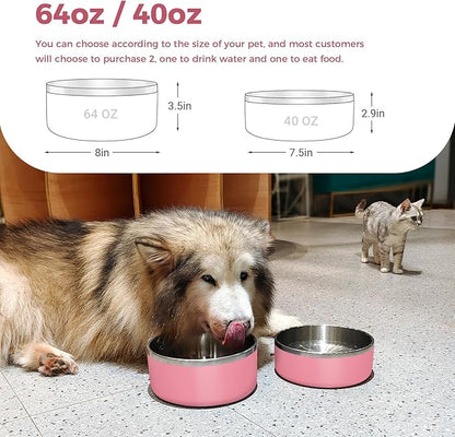Dog Bowl, Stainless Steel Dog Food and Water Bowl with Non Slip Quiet Bottom, Easy to Clean, Dishwasher Safe, 40oz, Pink