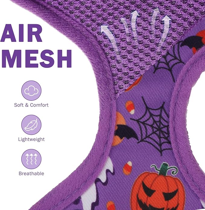 SCENEREAL Halloween Small Dog Harness Collar and Leash Set, Adjustable No Pull Pet Harnesses, No Chock Soft Mesh Vest Costume for Doggie Puppy Dogs Cats Girl Boy Outdoor Walking