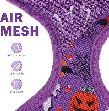 SCENEREAL Halloween Small Dog Harness Collar and Leash Set, Adjustable No Pull Pet Harnesses, No Chock Soft Mesh Vest Costume for Doggie Puppy Dogs Cats Girl Boy Outdoor Walking