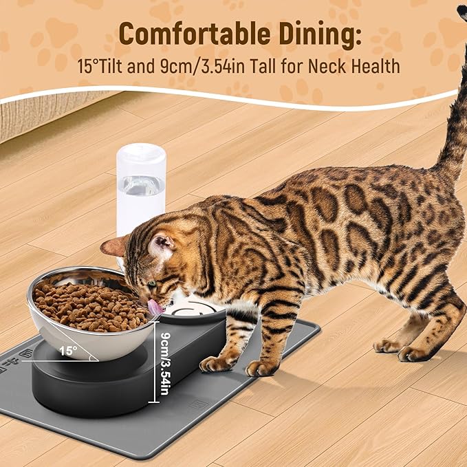 Marchul 2-in-1 Dog Bowl, Elevated Cat Food and Water Bowl with No-Spill Mat, 15° Tilt Stainless Steel Dish + 500ml Leak-Proof Bottle, Easy Clean Design