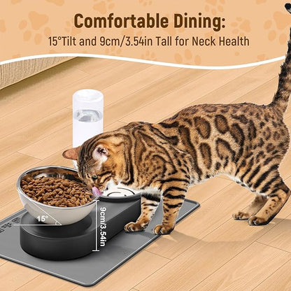 Marchul 2-in-1 Dog Bowl, Elevated Cat Food and Water Bowl with No-Spill Mat, 15° Tilt Stainless Steel Dish + 500ml Leak-Proof Bottle, Easy Clean Design