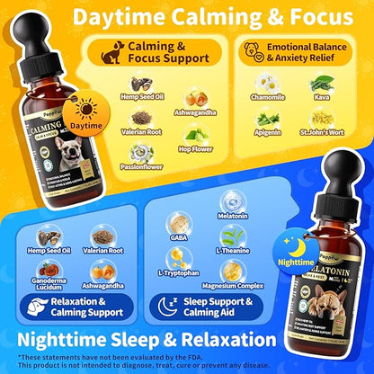 Hemp & Melatonin Calming Drops for Dogs – Day & Night Calming Treat for Anxiety Relief, Stress, Aggression, Separation, Relaxation & Sleep Aid, Bacon Flavor, 2 FL Oz
