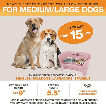 Neater Feeder - Express Model w/Slow Feed Bowl - Mess-Proof Dog Bowls (M/L, Pink) Made in USA – Elevated, No Spill, Non-Tip, Non-Slip, Raised Stainless Steel Food/Water Pet Bowls Aid Digestion