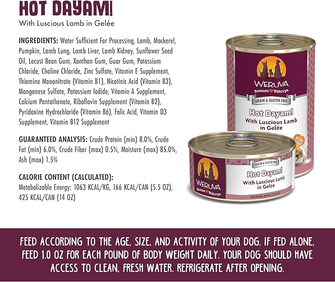 Weruva Classic Dog Food, Hot Dayam! with Lamb in Gelée, 14oz Can (Pack of 12)