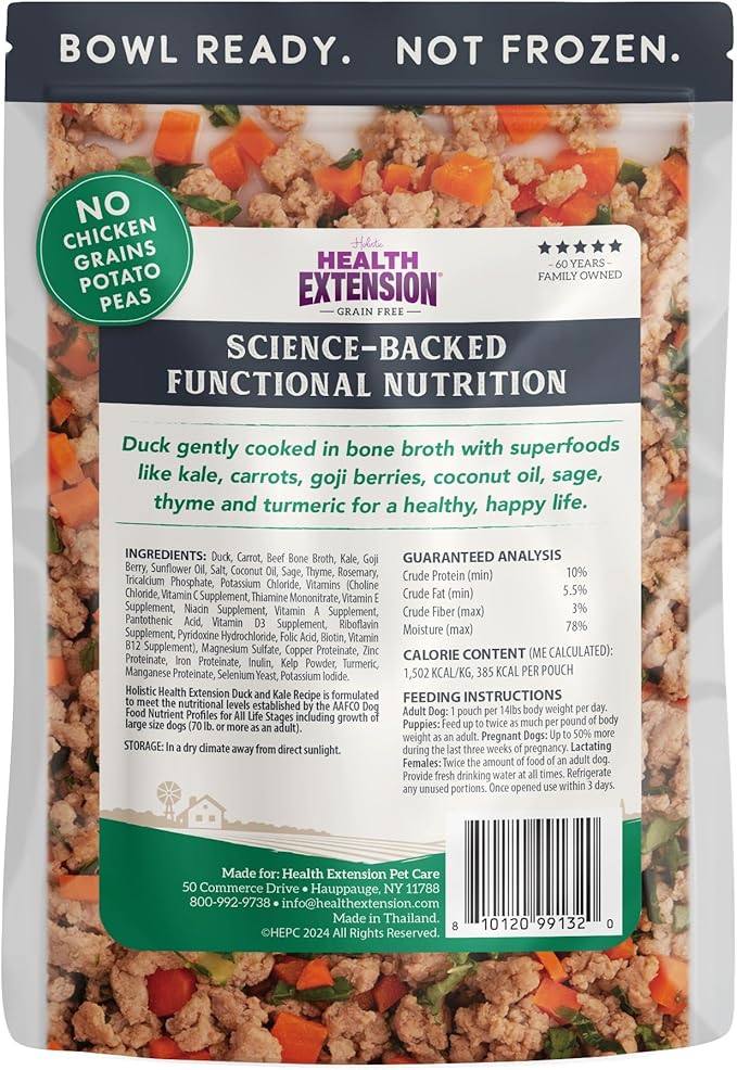 Health Extension Gently Cooked Grain-Free Duck & Kale Dog Food, Human-Grade & Shelf-Stable with Superfoods, Supports Digestion, Immunity, Skin & Coat, 9 oz Pouch (Pack of 10)