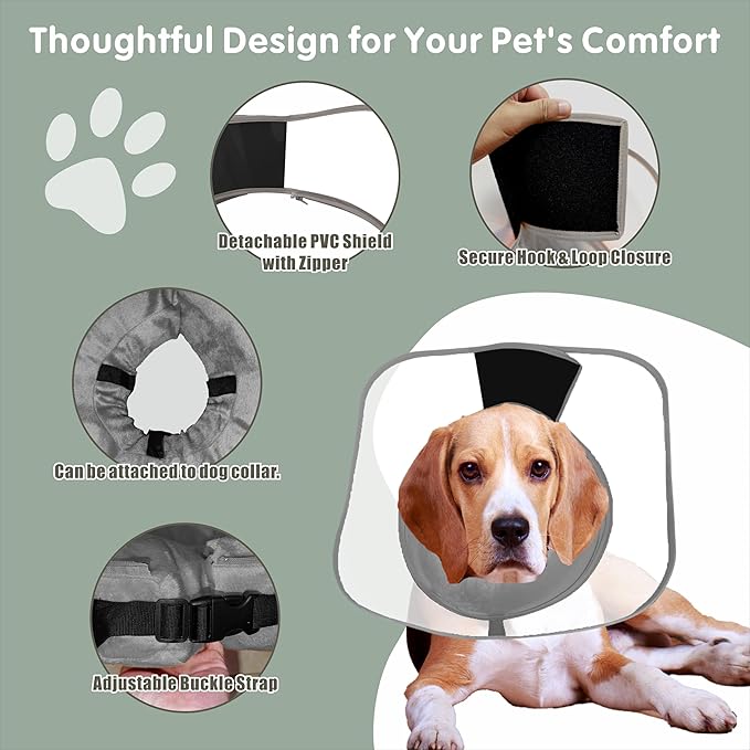 Inflatable Dog Cone with Transparent Shield, Large Size Protective Dog Donut Collar After Surgery Soft Donut Cone for Dogs, Gray, Large