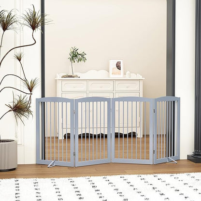 PUPETPO Freestanding Pet Gate for Dogs, Indoor Wooden Dog Gate for House, Foldable Dog Gate for Doorway, Stair, Gates for Dogs Indoor, 80 Inch Wide, 4 Panels 32", Grey