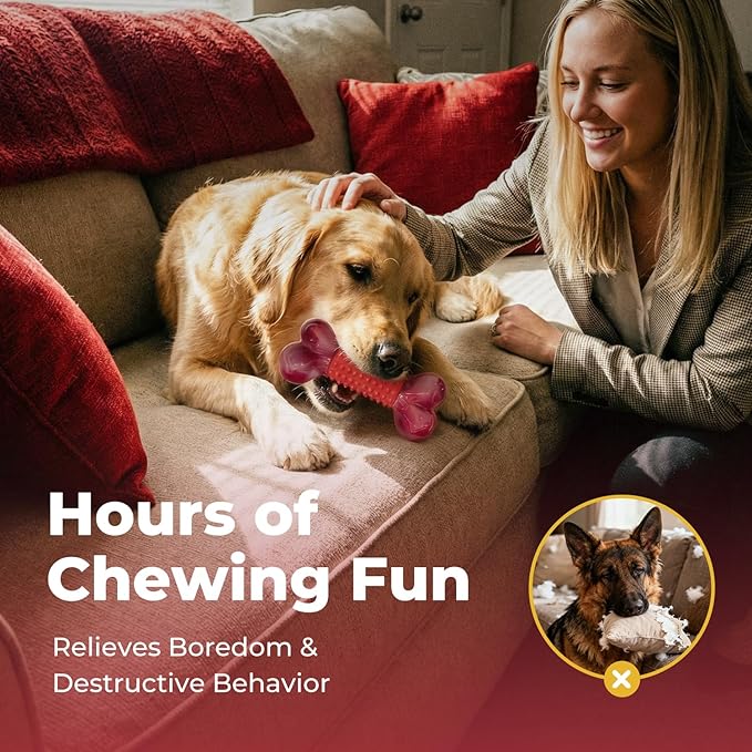Apasiri 3-Pack Tough Dog Toys for Aggressive Chewers: Beef Flavored Long Lasting Dog Bones for Large Dogs, Heavy Duty Nylon & Rubber Dog Chew Toys to Keep Them Busy, Medium & Large Breed, Red