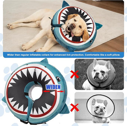 Dog Cone Inflatable Widen Dog Neck Donut Collar, Soft Cone Alternative After Surgery for Large Medium Small Dogs to Stop Licking (Blue Shark, Large)