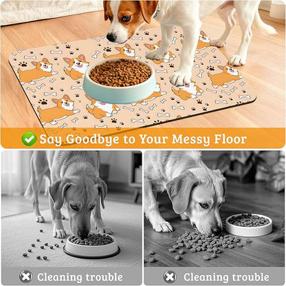 Corgi Feeding Mat,Cute Dogs Absorbent Quick-Dry Cat Dog Food and Water Bowl Mats,Non-Slip Rubber Backing Mat,Cat Dog Accessories Supplies 16" x 24"