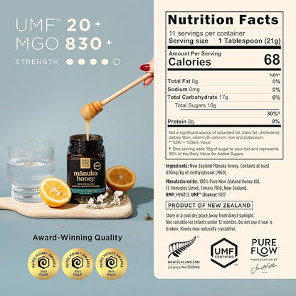 Manuka Honey UMF 20+ MGO 830+ 100% Pure New Zealand Raw & Unfiltered, Certified Award Winning, Silky Smooth Taste & Texture 8.8 Oz