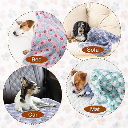 1 Pack 3 Blankets Super Soft Fluffy Premium Fleece Pet Blanket Flannel Paw Printed Throw for Dog Puppy Cat (Medium 30x20'', Purple, Pink, Green)