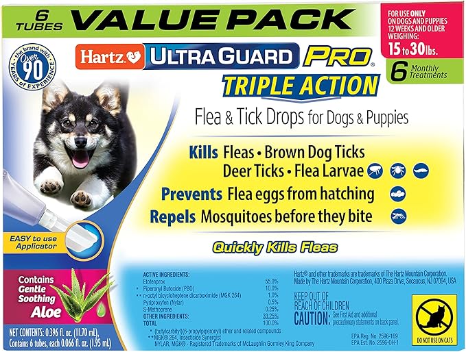 Hartz UltraGuard Pro Flea & Tick Topical Dogs & Puppies Treatment & Prevention, 6 Months, 15-30 lbs