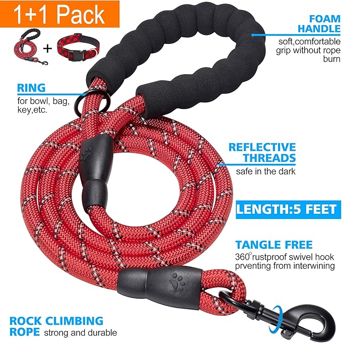 Ladoogo Reflective Dog Collar Padded with Soft Neoprene Breathable Adjustable Nylon Dog Collars for Small Medium Large Dogs (Small (Pack of 1), Red Plaid Collar+Leash)