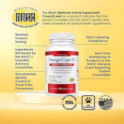 Omega Caps ES Extra Strength for Large and Giant Dogs Omega-3 and Omega-6 Fatty Acid Antioxidant Supplement Vet Formulated Made in USA Skin Coat Joint Heart and Immune Health 60 Softgel Capsules
