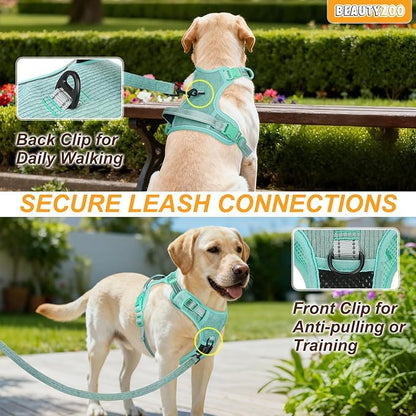 BEAUTYZOO No Pull Dog Harness, Adjustable Dog Harness and Leash Set -Easy Wearing with 3 Buckles/Control Handle,No Choke Soft Padded Reflective Pet Vest for Training Walking Hiking,Solid Aqua Blue M