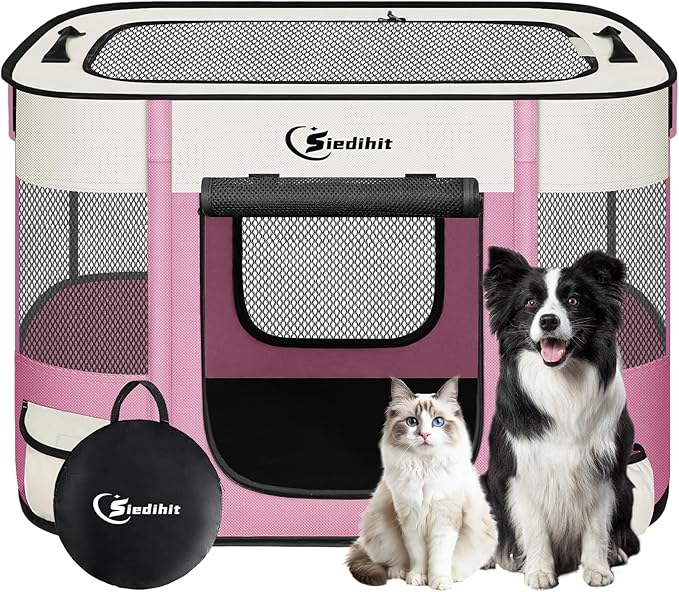 Dog Playpen,Cat Pet Puppy Pen,Portable Playpens for Dogs Indoor Outdoor Travel Camping Use,Foldable Dog Kennel Tent Crate for Rabbit Small Animals with Carrying Case (Pink, Medium)