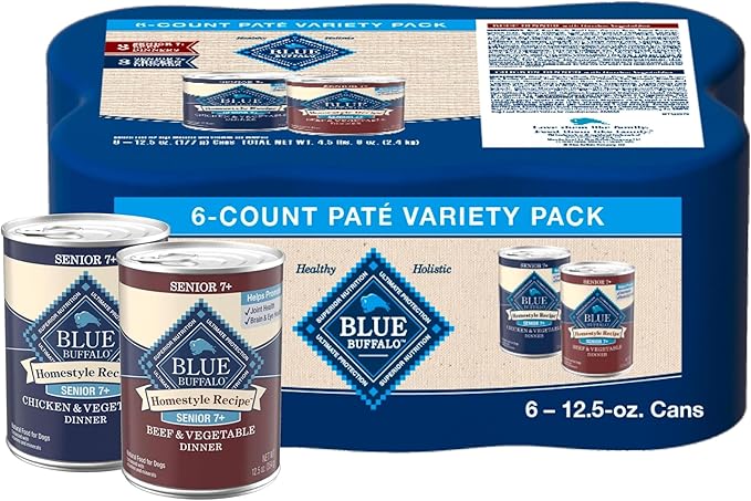 Blue Buffalo Homestyle Recipe Senior Wet Dog Food, Made with Natural Ingredients, Beef Dinner and Chicken Dinner, Variety Pack, (12.5-oz Cans, 3 of Each Flavor)